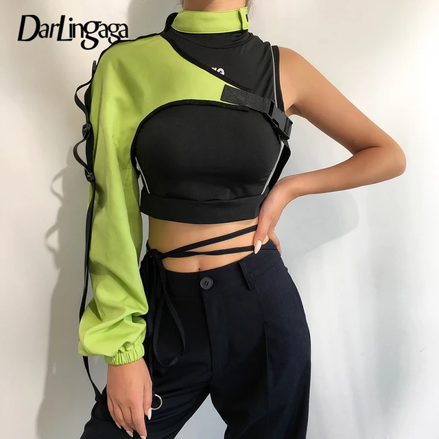 Darlingaga Streetwear Neon Halter Sweatshirt Hoodie Buckle Reflective Smock One Shoulder Women's Sweatshirts Holographic Outwear 1