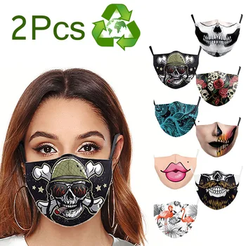 

2Pc New Adult Horror Skull Mouth Print Face Fabric Masks Proof Bacteria Mask Mouth Cover Reusable Protection Dust Washable Masks