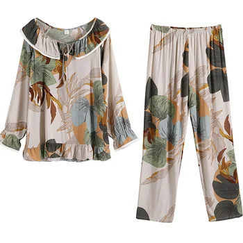 

Spring Autumn Cotton V-neck Cardigan Women's Pajamas Sets Sweet Female Long Sleeve Kimono Pyjamas Loose Sleepwear Suits