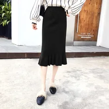 НОВАЯ Трикотажная юбка средней длины на осень и зиму, тонкая элегантная Корейская Однотонная юбка с высокой талией, юбка в форме рыбьего хвоста