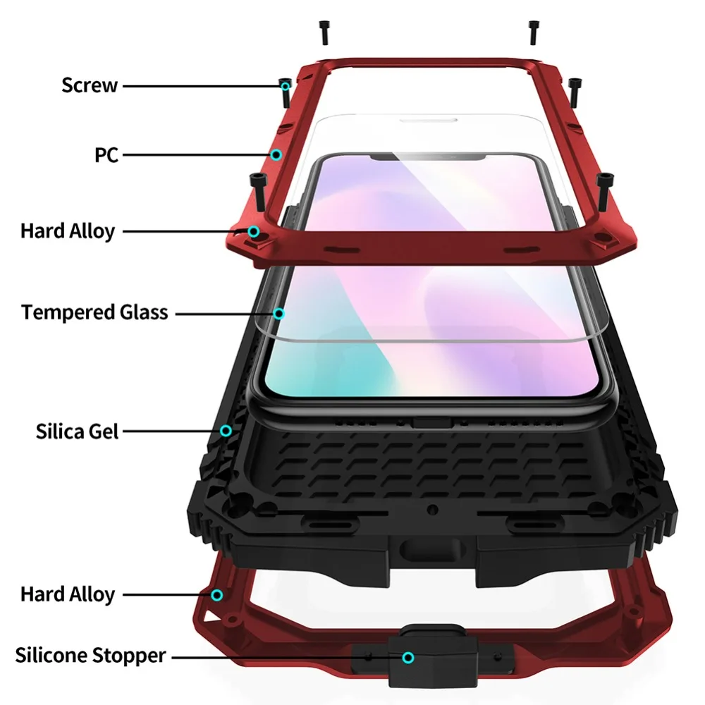 For iPhone 11 Pro Max XS XR XS Max X Metal Aluminum Armor Shockproof Heavy Duty Waterproof Case protective Cover+Tempered glass (12)
