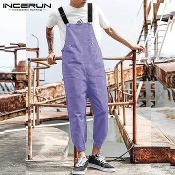 

Fashion Men Bib Pants Solid Color Joggers Pockets 2020 Streetwear Suspenders Jumpsuit Loose Casual Workout Mens Overalls INCERUN
