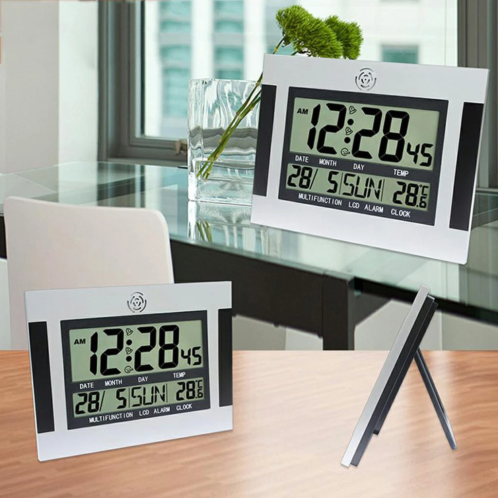 Large Digit LCD Display Clock Calendar Day Month Year Battery Power