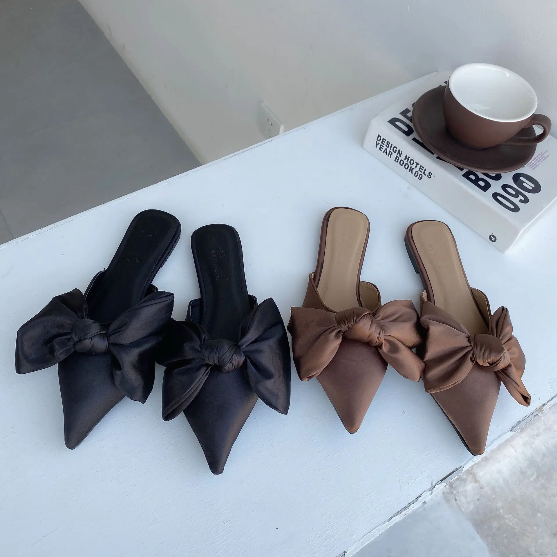 South Korea 2020 Spring Mules Shoes Pointed Shallow Mouth Flat Slip-on Bow Elegant Slipper WOMEN'S | Обувь