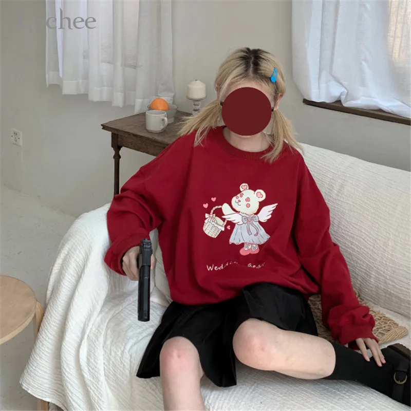 Lychee Harajuku/Женская толстовка с рисунком медведя из мультфильма и надписью, повседневные свободные женские пуловеры с круглым вырезом, весенне-осенние дамские свитшоты, топы