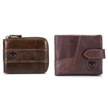 

BULLCAPTAIN 2 Pcs Genuine Leather Men Wallet RFID Blocking Vintage Bifold Wallets Credit Cards Holder, Brown & Coffee