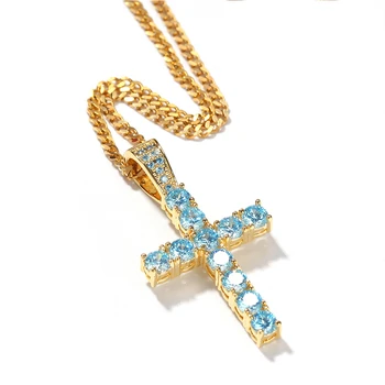 

2020 new cross Pendant necklace Gold color Inlaid blue crystal Zircon fashion charm men women daily Hip hop Party fine jewelry