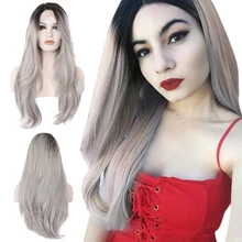 Anogol средняя часть серебристо-серый Омбре черные корни длинные натуральные волны синтетический парик на кружеве для женщин высокотемпературное волокно