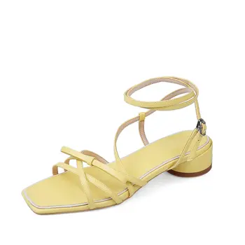 

Band Sandals for Women 2cm Heel Buckle Pink Yellow Square Heel Open Toe Shoes Elegant Women's Sandals Size 33-44