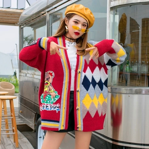 Бренд Thai Tide свитер женская одежда зима Ретро Ромбический Свободный ленивый вязаный кардиган пальто - Цвет: Красный