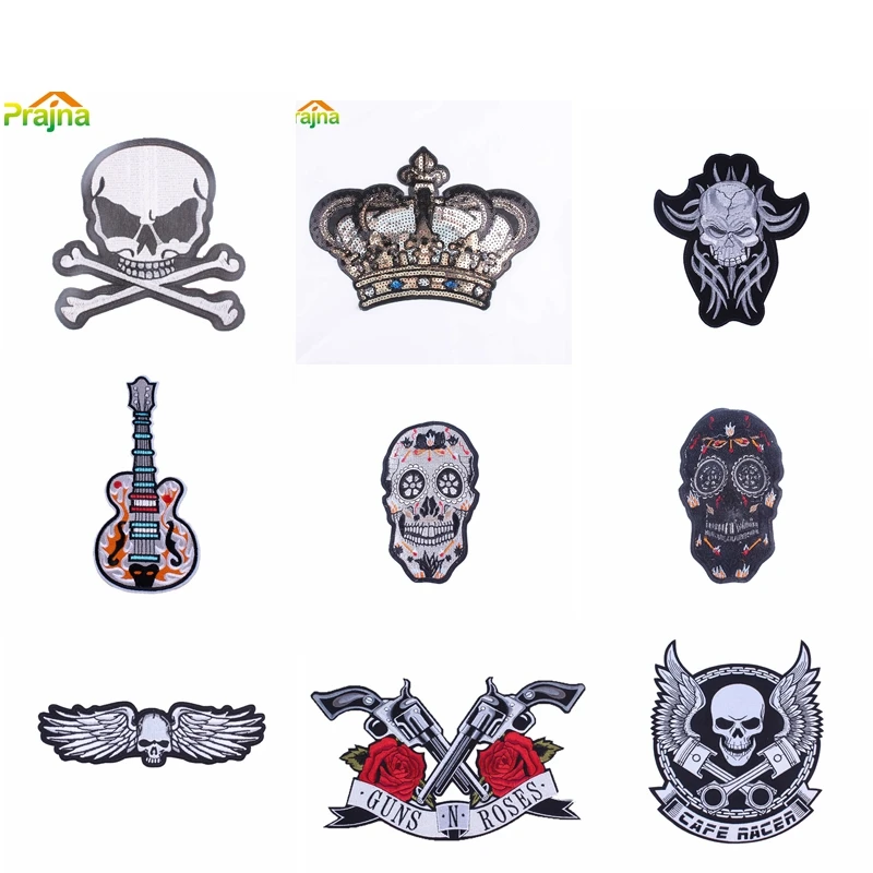 Pulaqi Punk Style Crown Skull Rock Patch locomotive Iron On Patches Things Guitar Nine Roses Embroidered For Clothing F | Дом и сад