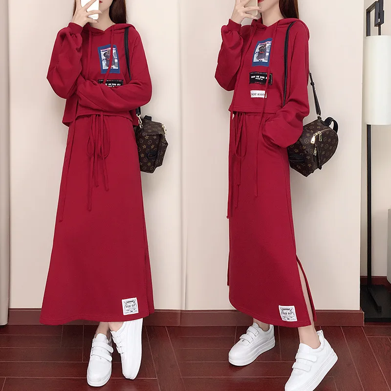 

2018 Autumn New Style Korean-style Ultra-Flaming Red Printed Hoodie WOMEN'S Suit Fashion
