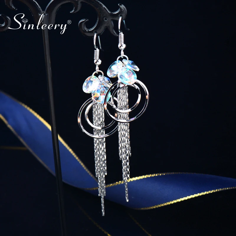 SINLEERY Round Circle Long Tassel Earring Yellow Gold Silver Color Crystal Earrings For Women 2021 wedding accessories ZD1 SSB | Украшения