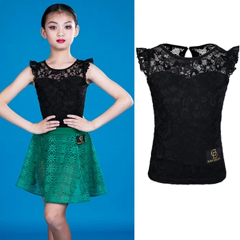 

New Latin Dance Tops Kids Girls Black Lace Dancing Tops Practice Wear Competitive Outfit ChaCha Girls Latin Dance WearBL2504