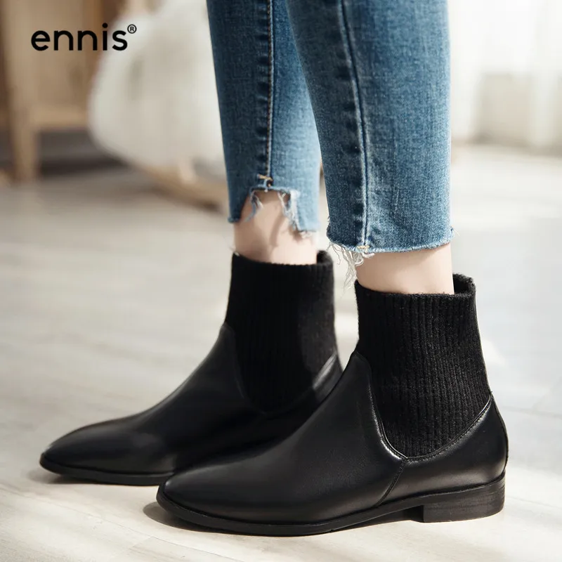 

ENNIS 2019 Womens Autumn Ankle Boots Flat Heel Genuine Leather Boots Pointed Toe Black Stretch Knitted Boots Brown Shoes A9140