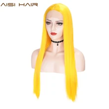 AISI волосы на кружеве парики для женщин желтый синтетические длинные прямые парики средний пробор Термостойкое волокно натуральный вид 13X4
