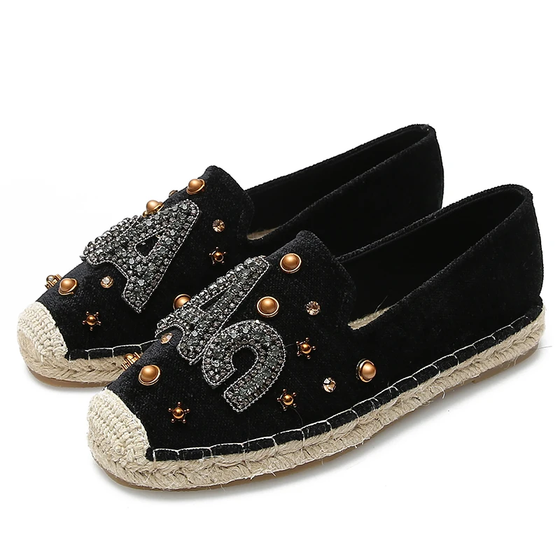 

Women's New Fashion Rhinestone Letter Flats Fisherman Shoes Female Spring Flat Leisure Shoes Breathable Lazy Hemp Rope Sole