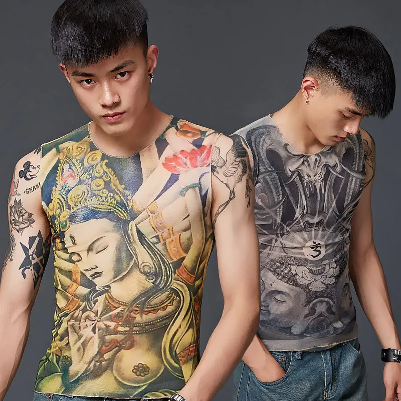 

Single yard tattoo clothes men and women, breathable quick-drying printed t-shirts, tattoo sleeveless vest lady tattooed arms
