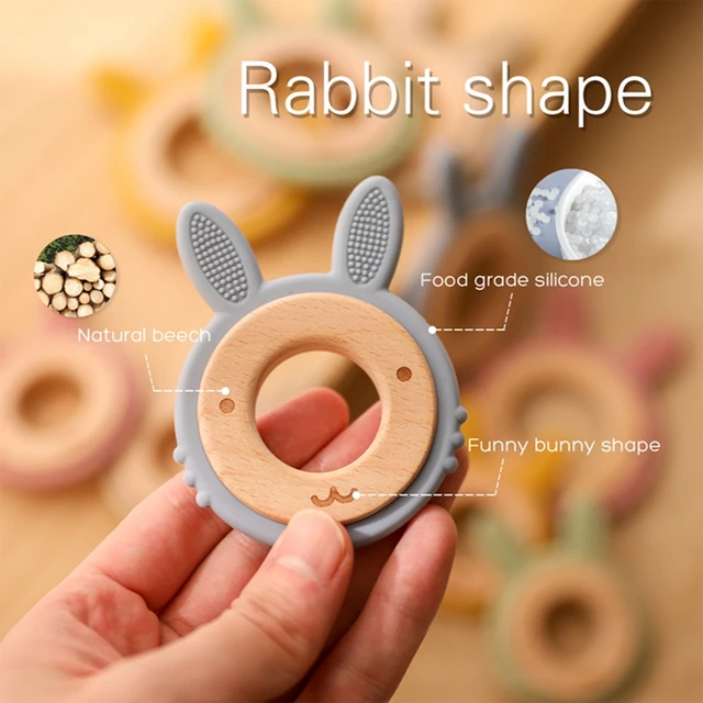 New Animal Rabbit Silicone Teether Baby Oral Care Products 1Pcs Big Teether BPA-Free Beech Wooden Rattle Teething Toys For Kids 3