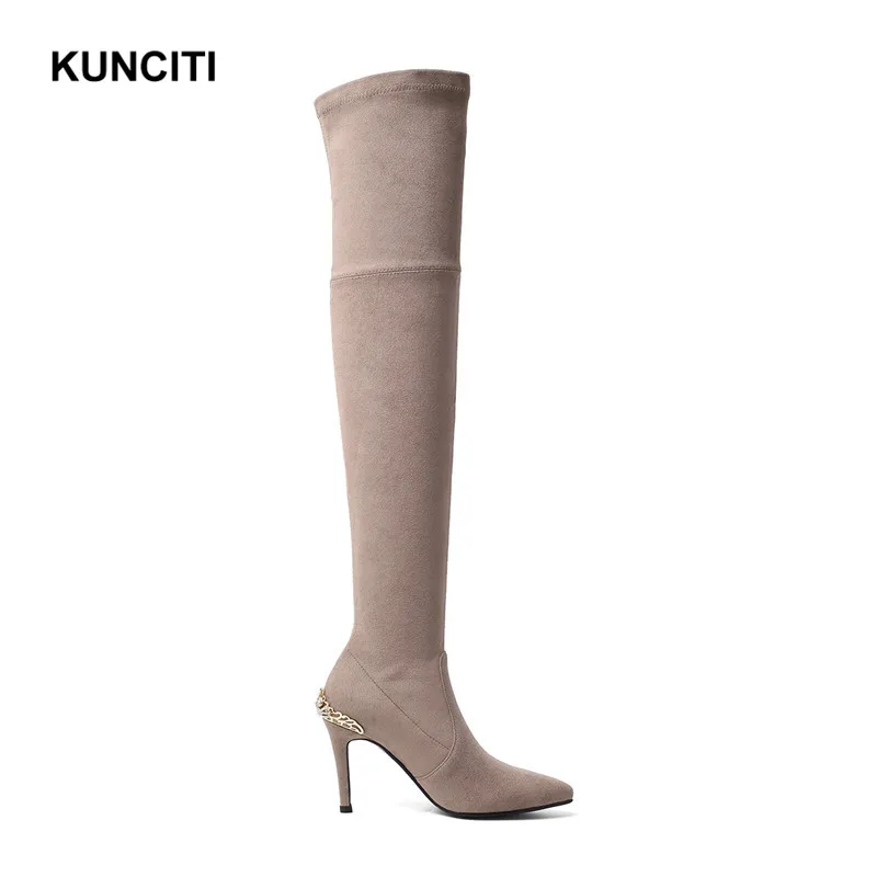 KUNCITI/; облегающие высокие сапоги до бедра; облегающие зимние женские сапоги; женские Сапоги выше колена на высоком каблуке; европейский дизайн; B916