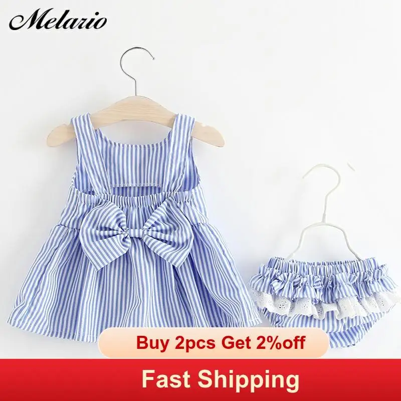 Melario Baby Clothing Sets 2020 Summer Sleeveless Dress Girls Three Piece Sets Short Pants+Dress Set Stripe Patten For Baby 6-24