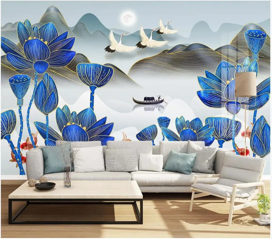 Пользовательские фото обои для стен 3 d фрески Новая китайская золотая линия пейзаж лотос рыба девять рыбок иллюстрация ТВ фоновая стена
