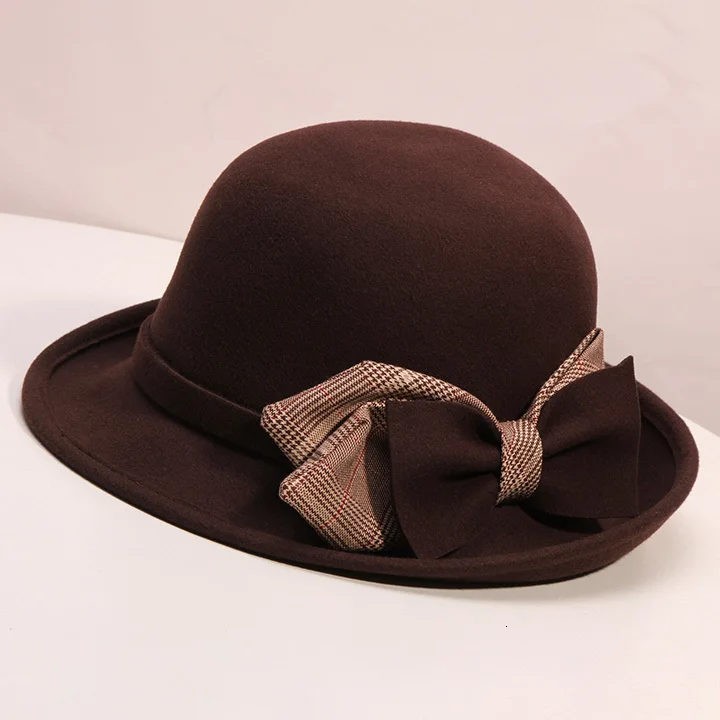Женские вечерние официальные шляпы fedora, зимние церковные шерстяные фетровые шляпы, асимметричный бант края, шляпа-ведро, шапка для леди 55-58 см