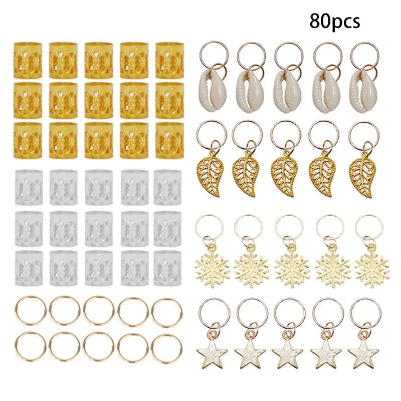 

80Pcs Hair Jewelry Braid Rings Decoration Pendants Dreadlocks Beads Metal Cuffs Rings Clips Shell Snowflake Charms Accessories