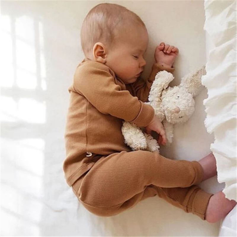  0-24M Newborn Kids Baby Boy Girl Clothing Solid Color Pajamas Set Cotton Sleepwear Nightwear Cute C