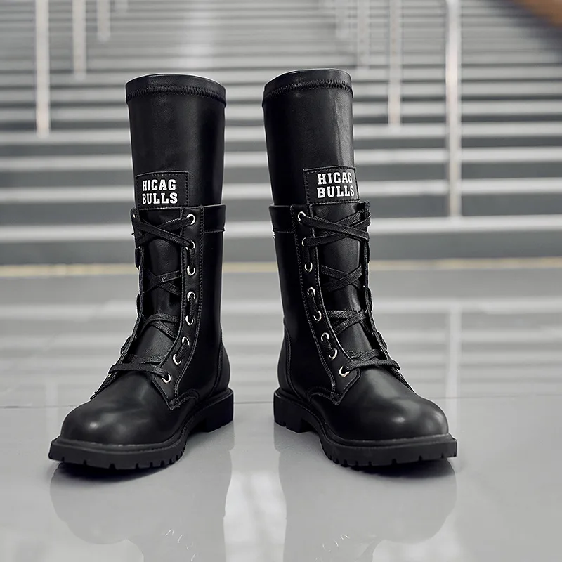 

Genuine Leather Jason Martins Boots Women Autumn Winter Lace Up Military Boots Sock Mid Calf Boots Motorcycle Boots Botas Mujer