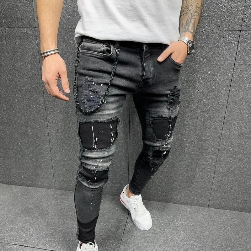 Laamei-pantalones vaqueros desgastados para hombre, Vaqueros elásticos rasgados para motorista, estilo Hip Hop, ajustados con agujeros, Vaqueros Punk de algodón con cremallera