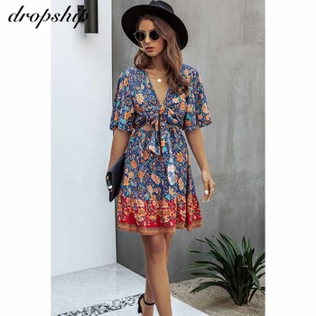 

Dropship Floral Summer Dress Mini Beach Sundress V Neck Bow Plus Size Bodycon Dress Sexy Dresses 2020 Boho Women Clothes
