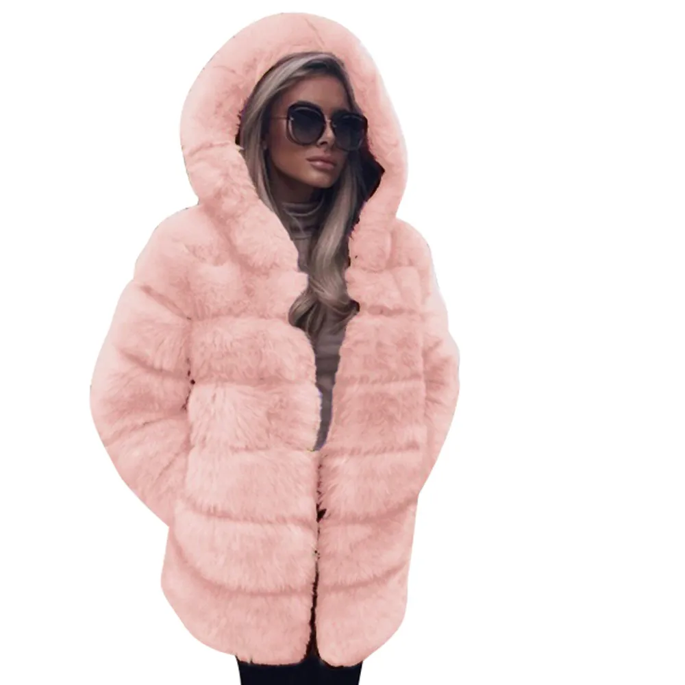 Winter warm Plush Faux Fur Coat Women fashion Hooded Autumn Winter Warm Overcoat High Quality Women Thick Faux fur Coat