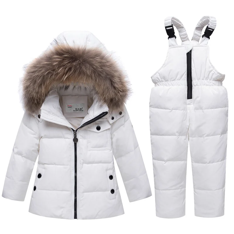 Новинка; Зимний лыжный костюм для мальчиков и девочек; комплекты теплой зимней одежды для малышей; детский зимний комбинезон; пуховая куртка с меховым капюшоном; пальто; 5 цветов - Цвет: White