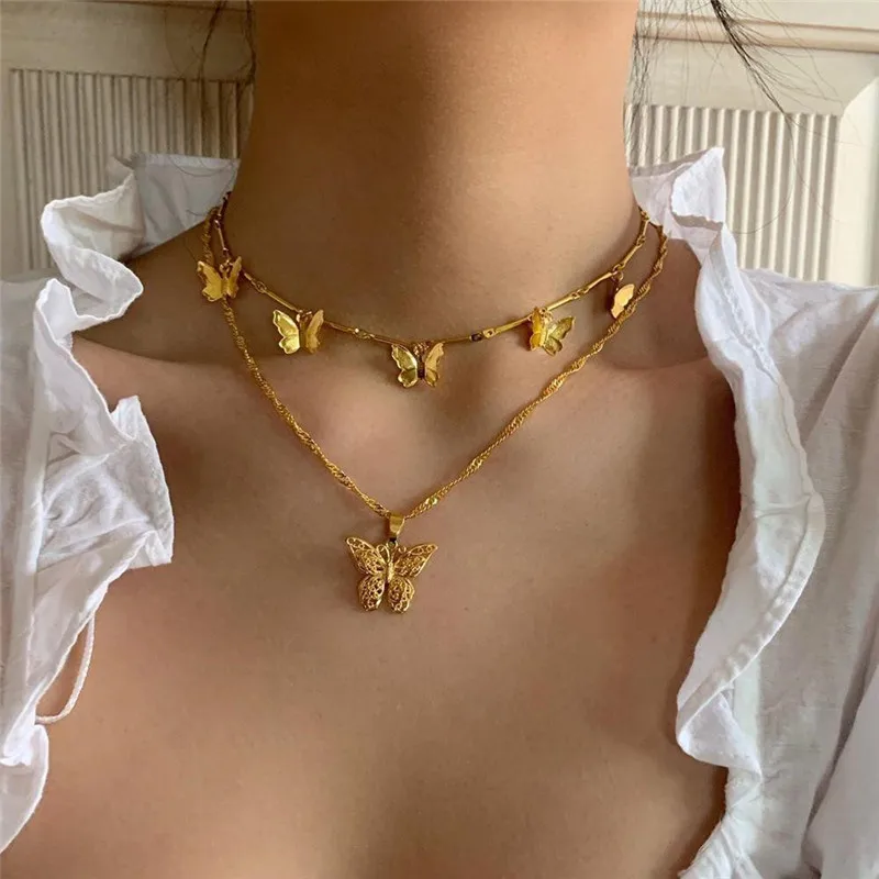 

Vintage Butterfly Tassel Pendant Necklace Women Jewelry Wedding Accessories Elegant Creatuve 2 Layered Chain Choker Necklaces