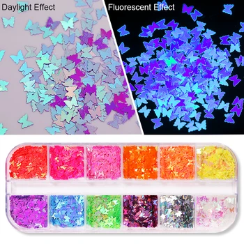

12 Grids Fluorescent Butterfly Nail Glitter Sequins Mixed Nail Flakes Paillette Tips Slices Spangle Nails Art Decoration DIY