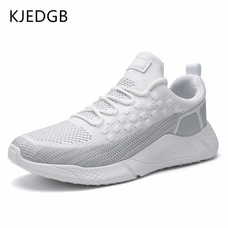 White Gray KJEDGB, Flyknit+ PVCHigh, эластичные мужские кроссовки, дышащие, сверхлегкие, удобные, для прогулок, мужская повседневная обувь, большие размеры 39-46 - Цвет: White Gray
