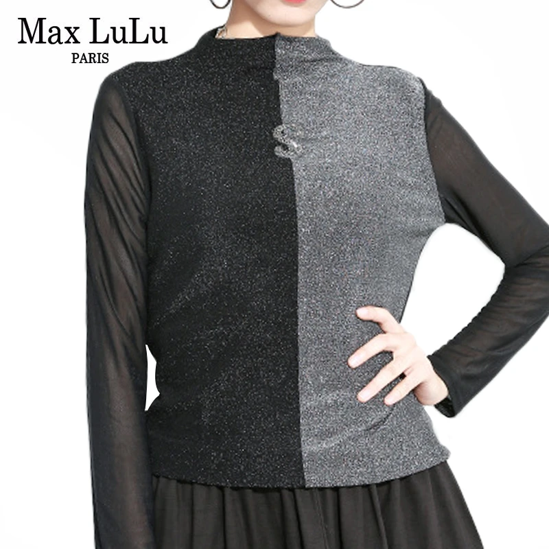 Max LuLu модные корейские женские топы Осень женское соблазнительное кружевное футболки с воротником "хомут" вязаный свободные женские хлопковые футболки