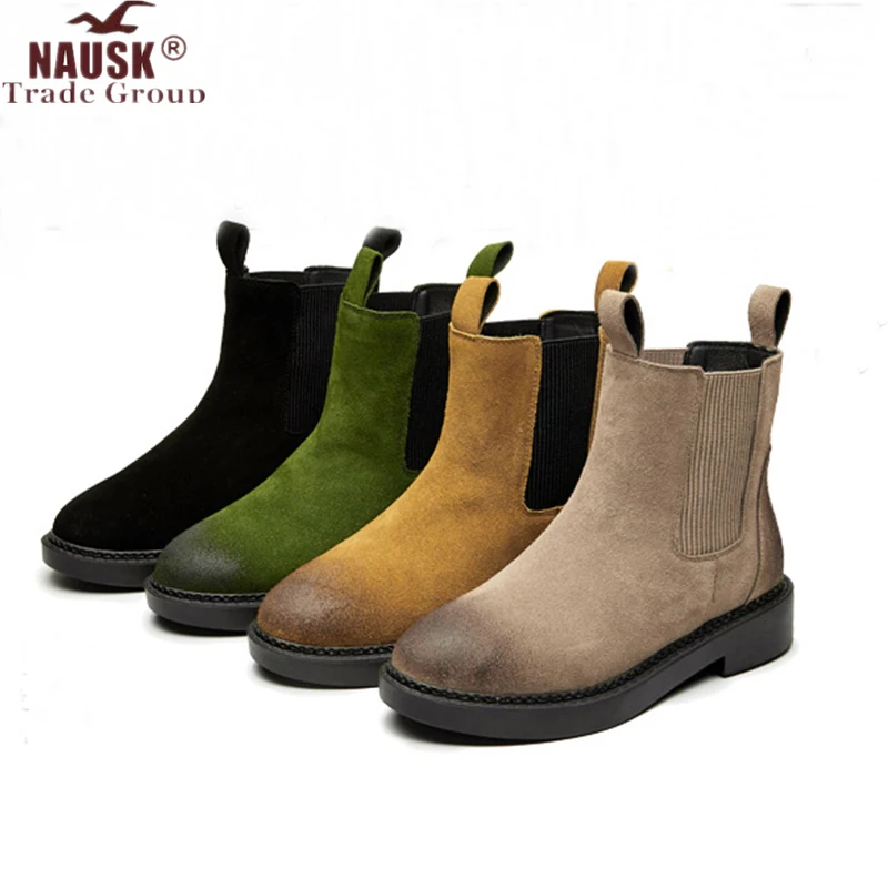 

NAUSK Leather Women Chelsea Boots Brand Winter Warm Short Ankle Boots Plus Size Platform Single Flats Martin Shoes Woman 30
