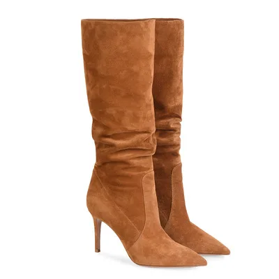 

Pleated Solid Color Pointed Thin High Heels Women Knee-high Boots Suede Tan Fashion Ladies Shoes Zapatos De Mujer Big Size 35-47