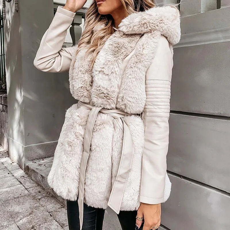 Abrigos cálidos de retales de piel sintética de conejo para mujer, a la moda chaquetas con capucha, elegantes, con cinturón de corbata, abrigos de piel de cuero para mujer
