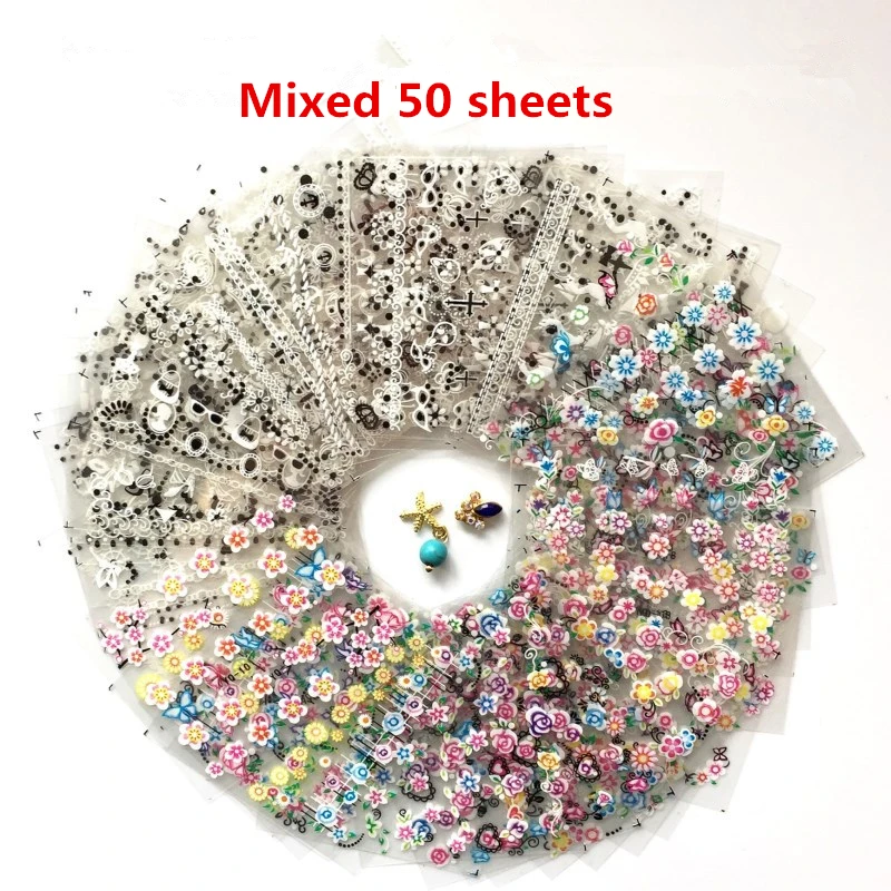 MIXED 50sheets 50 дизайнерские наклейки для ногтей с бантом, наклейки для ногтей, Одуванчик, цветок, наклейки для ногтей, художественный декор, наклейки для ногтей, переводные наклейки - Цвет: MIXED 50sheets
