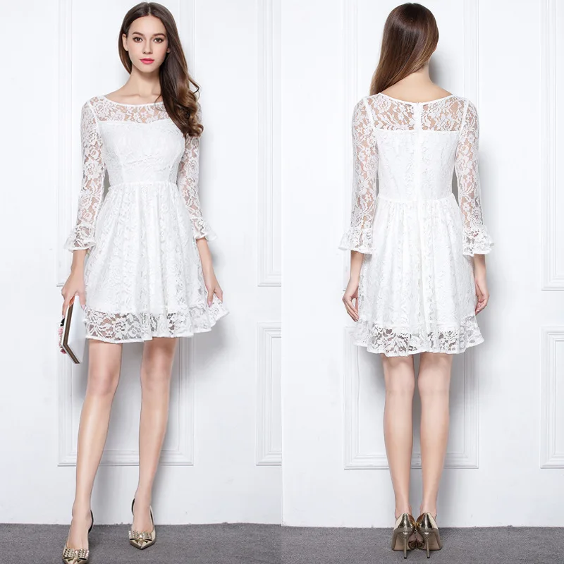 

Autumn Dress Long Sleeve 2019 Lace Crew Neck Long Bell Sleeve Short-Style Slim Fit Banquet Formal Dress