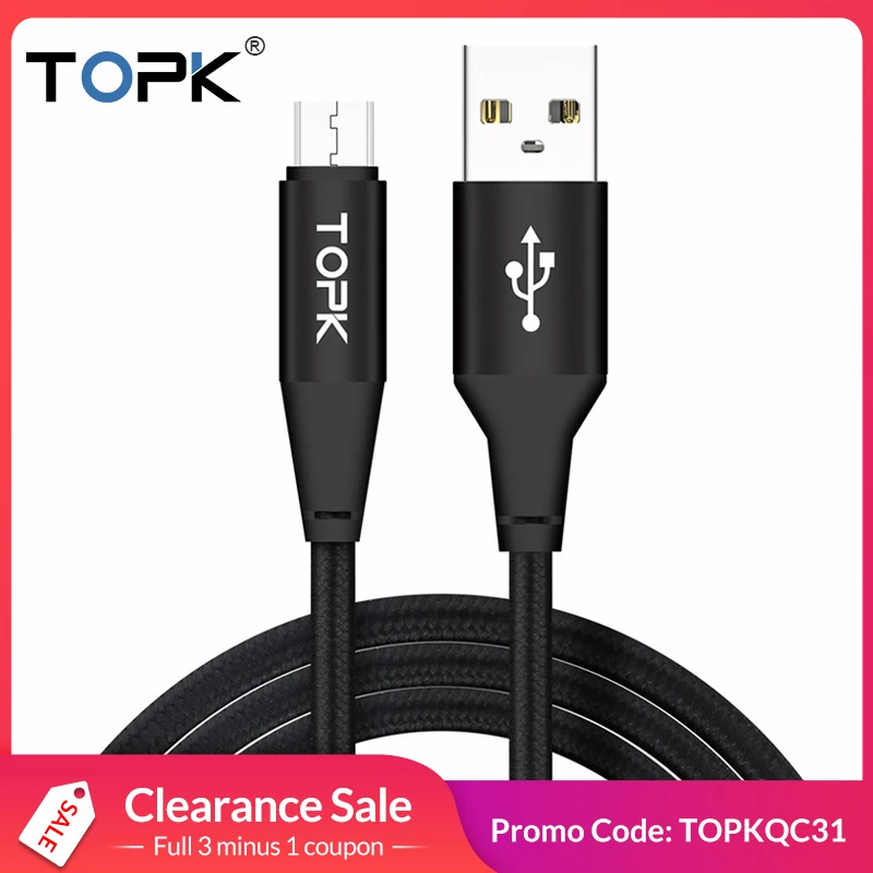 TOPK Micro USB кабель в нейлоновой оплетке для синхронизации данных samsung Galaxy S7 Edge S6 Microusb