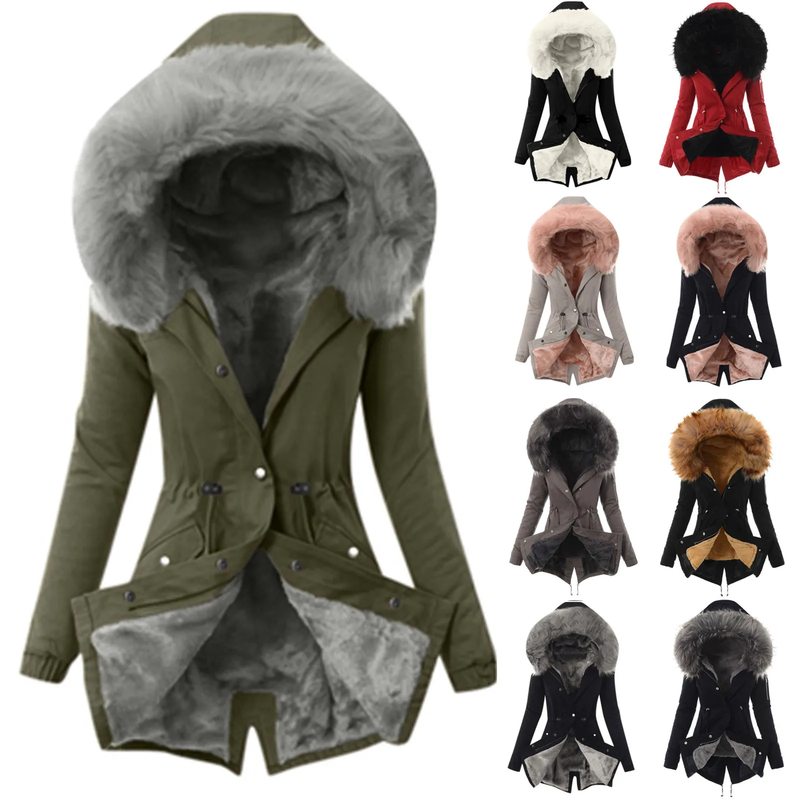 New Fashion Women Hooded Faux Fur Coat Plus Size Ladies Fur Lining Coat Womens Winter Warm Thick Long Jackets Hooded Overcoat 1