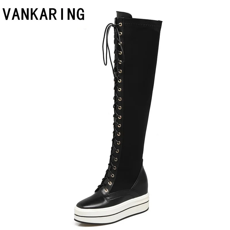 

women retro knee high boots lace-up quality leather+elastic cloth platform riding boots female zip wedge heel ladies footwears