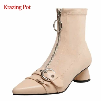 

Krazing pot fashion boots genuine leather buckle streetwear pendant pointed toe thick med heel zip online star ankle boots L11