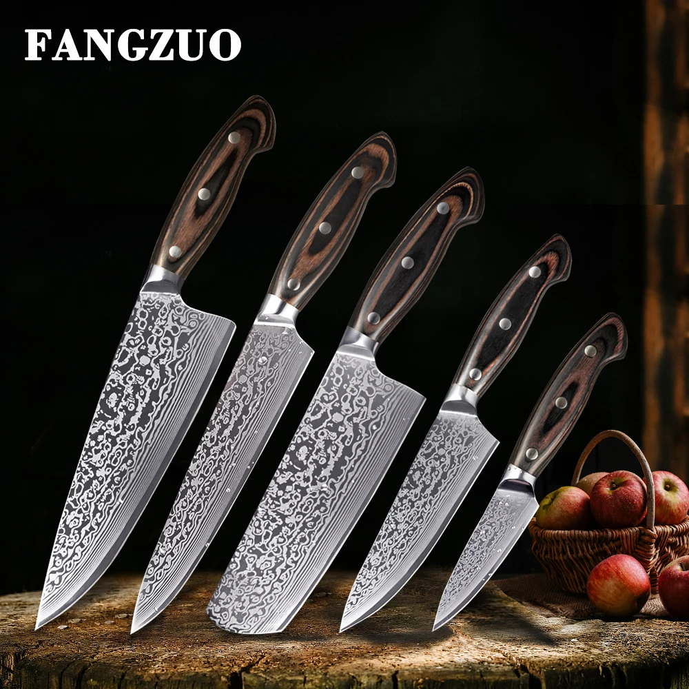 FANGZUO 5PCS Kitchen Knife Set Stainless Steel Blades Damascus Laser Chef Sets Santoku Utility Paring Cooking Tools | Дом и сад