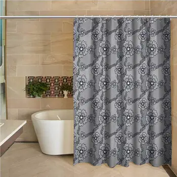 

Dark Grey Waterproof and Colorful Shower Curtain Black Lace Style Pattern with Blossoms Victorian Gothic Flowers Bridal Print