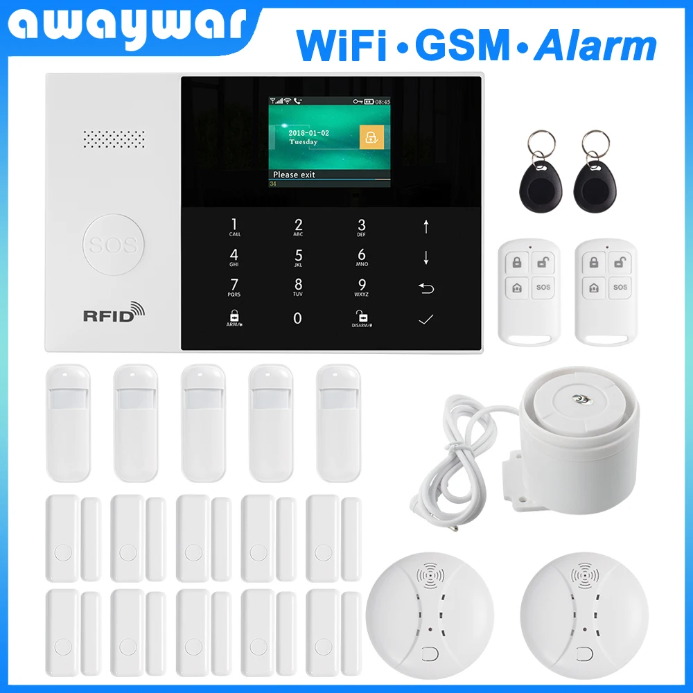 Awaywar 2,4 дюймов TFT wifi GSM охранная сигнализация, комплект, приложение, дистанционное управление, беспроводной рчид рычаг, снятие с проводной зоны